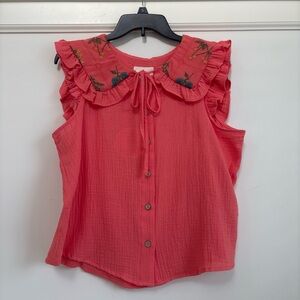 Umgee Coral Embroidered Ruffle Cap Sleeve Cotton Gauze Button-Up Top NWT
